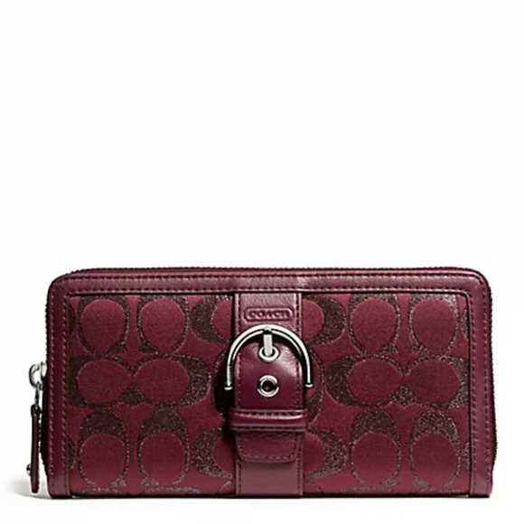 🍷 Coach Campbell Bordeaux Burgundy Red Signature Accordion Buckle Zip Wallet - Picture 1 of 12